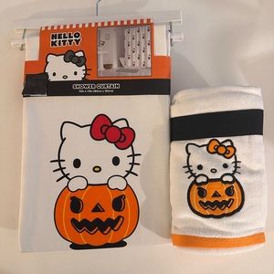 Hello Kitty Halloween Shower Curtain & Hands Towel Set-Orange,Black & White